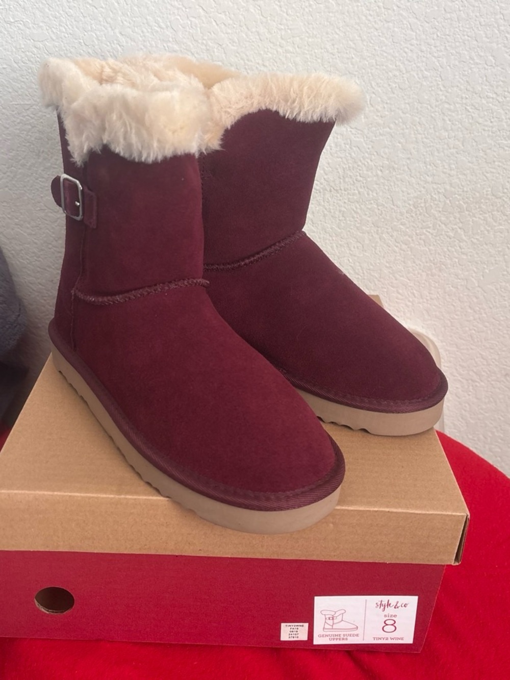 Style & Co. Burgundy Suede Faux Fur Lined Ankle Boots
